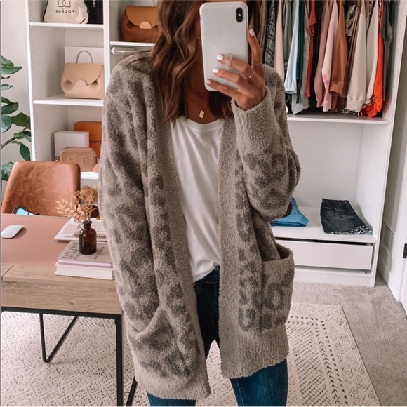 Barefoot Dreams Sweaters - Barefoot Dreams Cozy Chic Leopard Cardigan Sweater Linen Warm Gray S